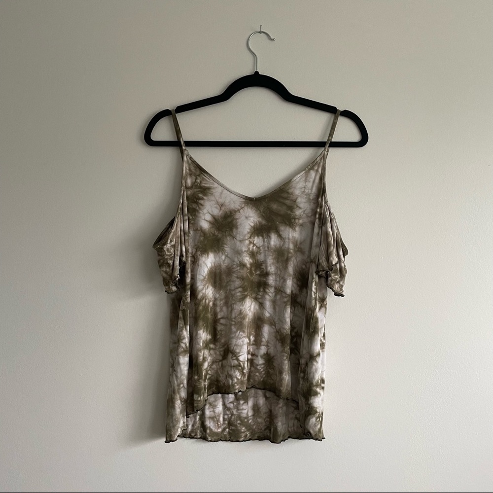 American Eagle Green and White Tie-Dye Top Medium